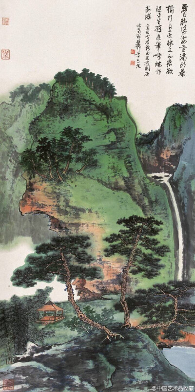 #山水画#【 谢稚柳 《山水图》 】谢稚柳的山水画一开始就力学北宋,从巨然的山水入手,转师范宽和燕文贵,取其结构气势与笔墨造型技法,后从王诜《渔村小雪》,巨然《秋山问道》中神交董、巨,吸收王诜的俊逸清峭与董,巨之…