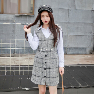 韩版秋冬女装甜美复古羊毛呢单排扣装饰格纹背带连衣裙子