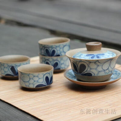 东篱粗陶工坊 原创精品功夫茶具 全手工手绘青花瓷套装茶具