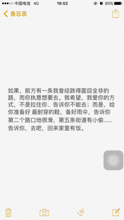 如果，前方有一条我曾经跌得面目全非的路，而你执意想要去。我希望，我爱你的方式，不是拉住你、告诉你不能去；而是，给你准备好 最耐穿的鞋，备好雨伞，告诉你 第二个路口地很滑，第五条街道有小偷……告诉你，去吧…