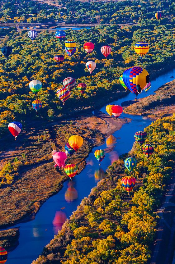 Hot air balloons flying low over the Rio Grande River just after sunrise, Albuquerque International Balloon Fiesta, Albuquerque, New Mexico, USA. by Blaine Harrington Photography #热气球#旅游