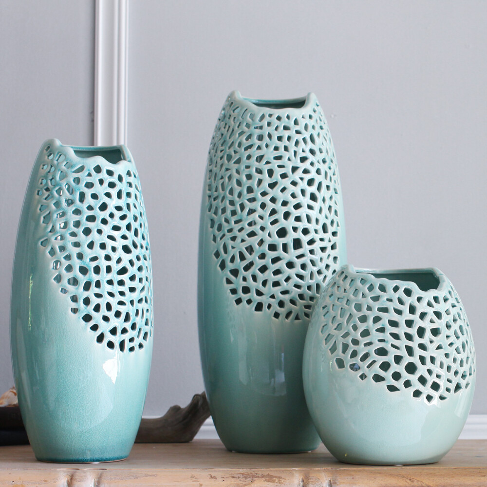 现代中式陶瓷花瓶 欧式混搭家居客厅落地大花瓶冰裂镂空花瓶器