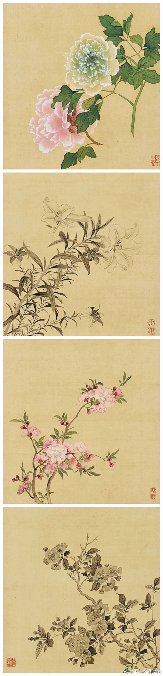 【 清 李秉德 《满庭芳华》 】册页（共十二开），绢本设色，32×30cm×12。 清人李秉德善画春景花色，皇帝南巡时献出图册，倍得圣心而被招揽入宫。本册花卉，浓淡皆有，清雅富丽俱全，勾勒工严，润染细腻，且群芳皆有其美态，各花自有自境界，正是“一花一世界”。