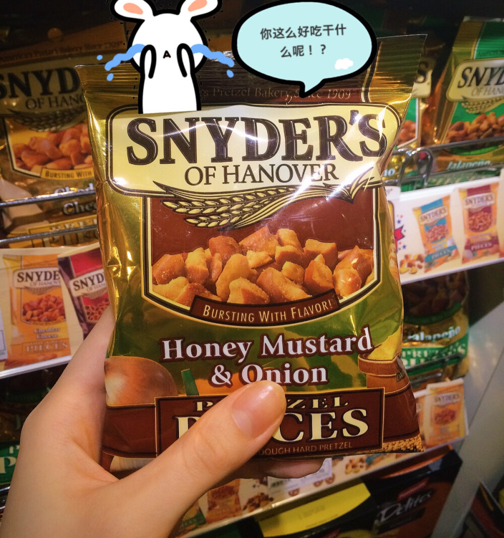 SNYDER'S OF HANOVER Honey Mustard &amp;amp; Onion Pretzel Pieces #怎么可以这么好吃系列# #见到就想买系列#，这个有三种口味，最推荐这个洋葱芥末的（辣椒的太辣，车打芝士的没这个入味）~~开袋见下张吼吼