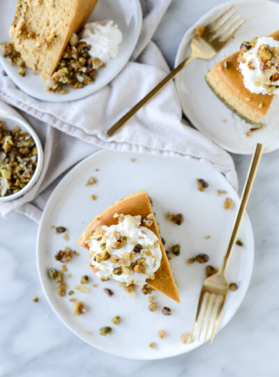 Brown Sugar pumpkin cheesecake with Pistachio Macaron Crust