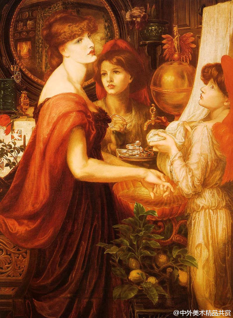 罗塞蒂（Dante Gabriel Rossetti ，1828─1882 ）1 —— 罗塞蒂出生于英国维多利亚时期意大利裔的罗塞蒂家族；1848年与威廉·霍尔曼·亨特和约翰·艾佛雷特·米莱发起艺术运动，成立拉斐尔前派，主张回归意大利文艺复兴初期画风，反对风格主义、现实主义、印象派和学院派的教学方法。