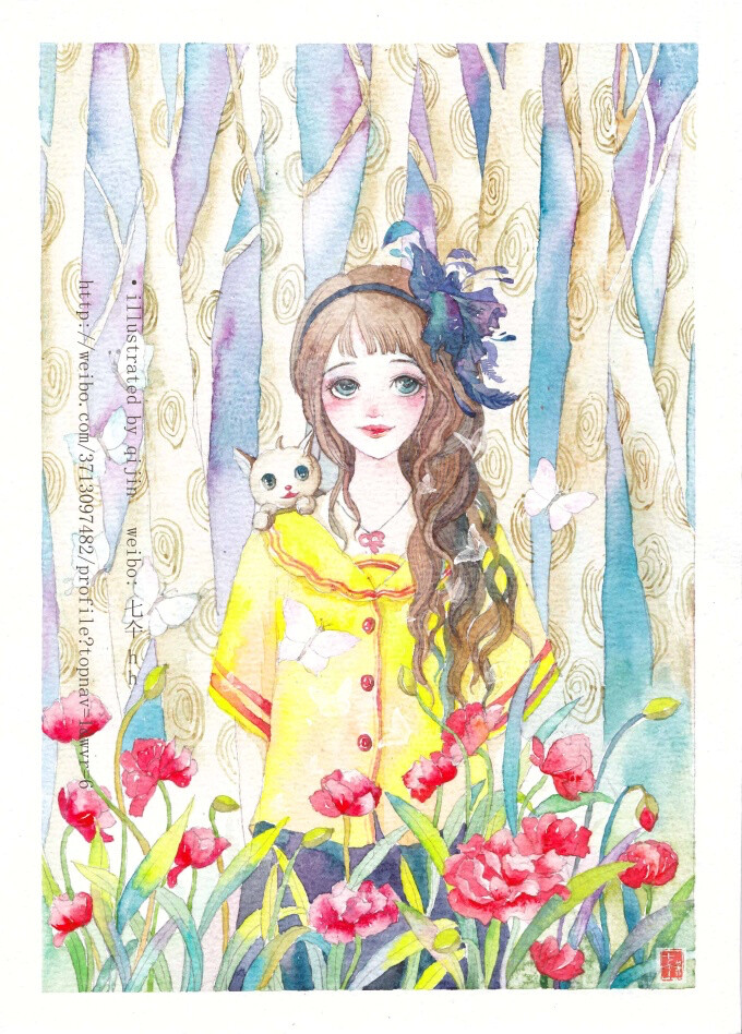 水彩画 手绘 女孩 插画家园 作者by 七仐