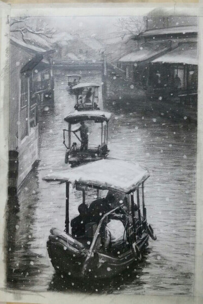 艺考前作业 清华大学美术系 考题 模拟 雪中的交通工具 乌蓬船 雪景 乌镇 素描