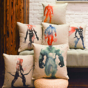 创意水彩漫威复仇者联盟棉麻抱枕沙发靠垫超级英雄靠枕靠背垫腰靠