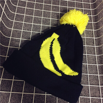 韩版甜美可爱香蕉毛线帽 秋冬双层加厚保暖女式球球针织帽子