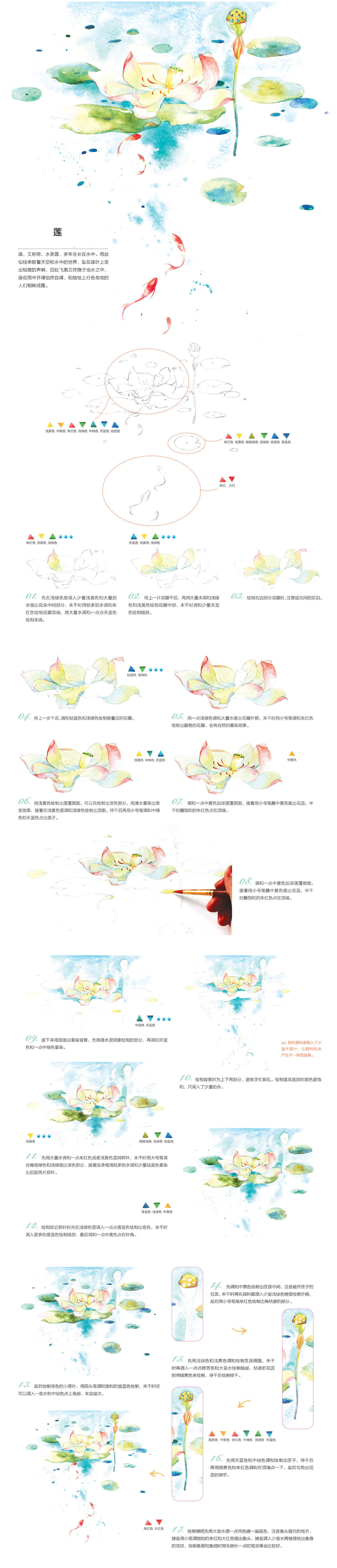 莲花的水彩画法步奏图——本案例摘自人民邮电出版社出版、爱林文化主编的《浪漫水彩课——柔美花姿态手绘技法》http://product.dangdang.com/23751116.html