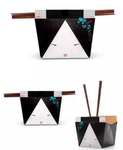 日本NOO - DEL面食简洁的包装设计综合了传统设计元素，艺妓的插画设计别具特色。艺妓的发髻巧妙地置换为放筷子的卡口，易于拿取外带。吃的时候只要解开“发髻”就可以，十分方便。