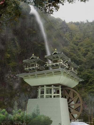 水流带动的可转动的古建筑装置。 设计说明：水流直下穿建筑中心而过，带动下部水车，水车带动齿轮转动、齿轮带动上部建筑运行。然而四所建筑无论如何运行所朝方向始终不变。可惜没录视频，做成后不久就立马被人玩坏…