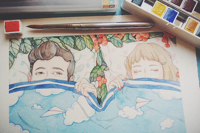 水彩画 手绘 女孩 插画家园 作者by 盒子菌