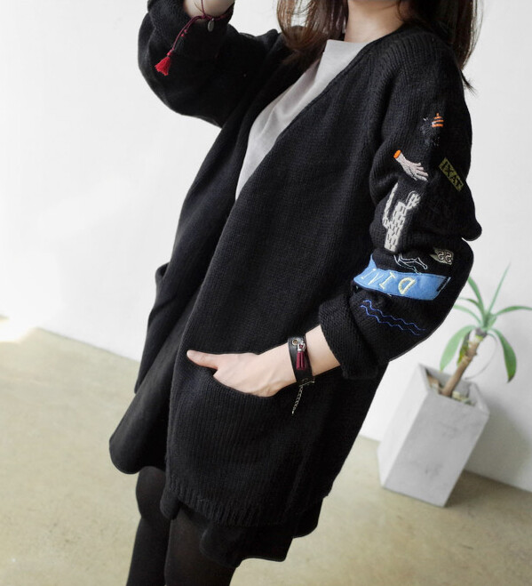 韩国秋冬女装欧美范宽松潮流刺绣贴布厚针织外套开衫