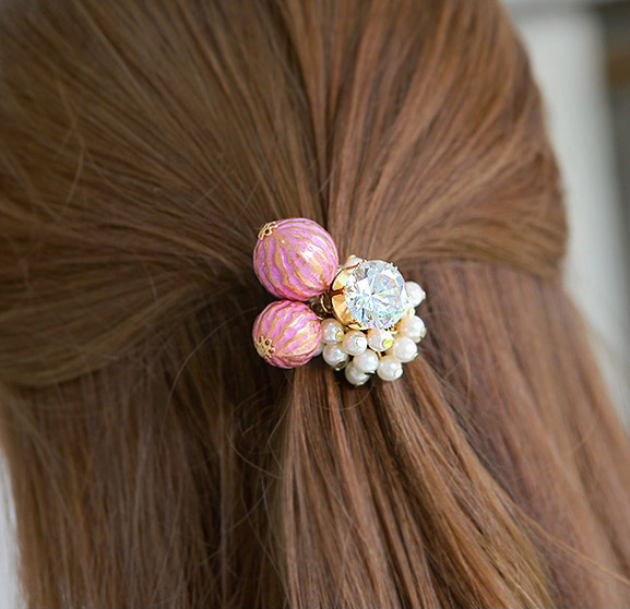 韩国9月现货 可爱粉色球球串珠水钻发圈发绳头绳发饰
