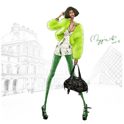 每日一画。Chic BLACK girl in fresh Green！ ——黑人总是适合鲜亮到不行的色彩，也会很亮眼。(时尚插画by Maggie Ai) Instagram: maggie.ai