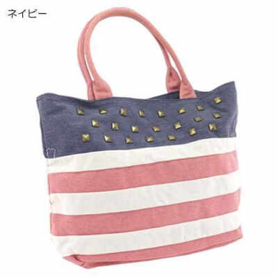 预定日本可爱USA星条旗铆钉朋克蓝红条纹购物手提袋挎包