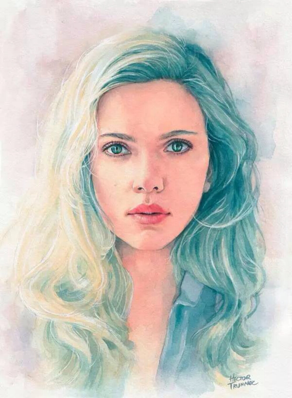 ▽Scarlett Johansson watercolor。西班牙插画师Hector Trunnec的水彩画作品欣赏。 Hector Trunnec美术专业毕业，他擅长漫画和人物肖像画。在他的作品中我们可以欣赏到Hector Trunnec用细腻的笔法，淡淡的笔墨表现出一副副栩栩如生的色彩作品。