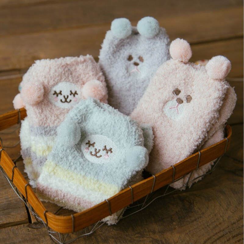 四双甜美马卡龙色软绵绵女款毛巾袜子立体动物可爱睡袜地板袜