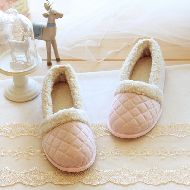 秋冬季菱格羊羔绒保暖月子鞋简约格纹室内女款式防滑棉鞋