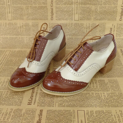 韩版复古小清新米色真皮系带粗跟鞋中跟鞋布洛克女鞋牛津鞋高跟鞋
