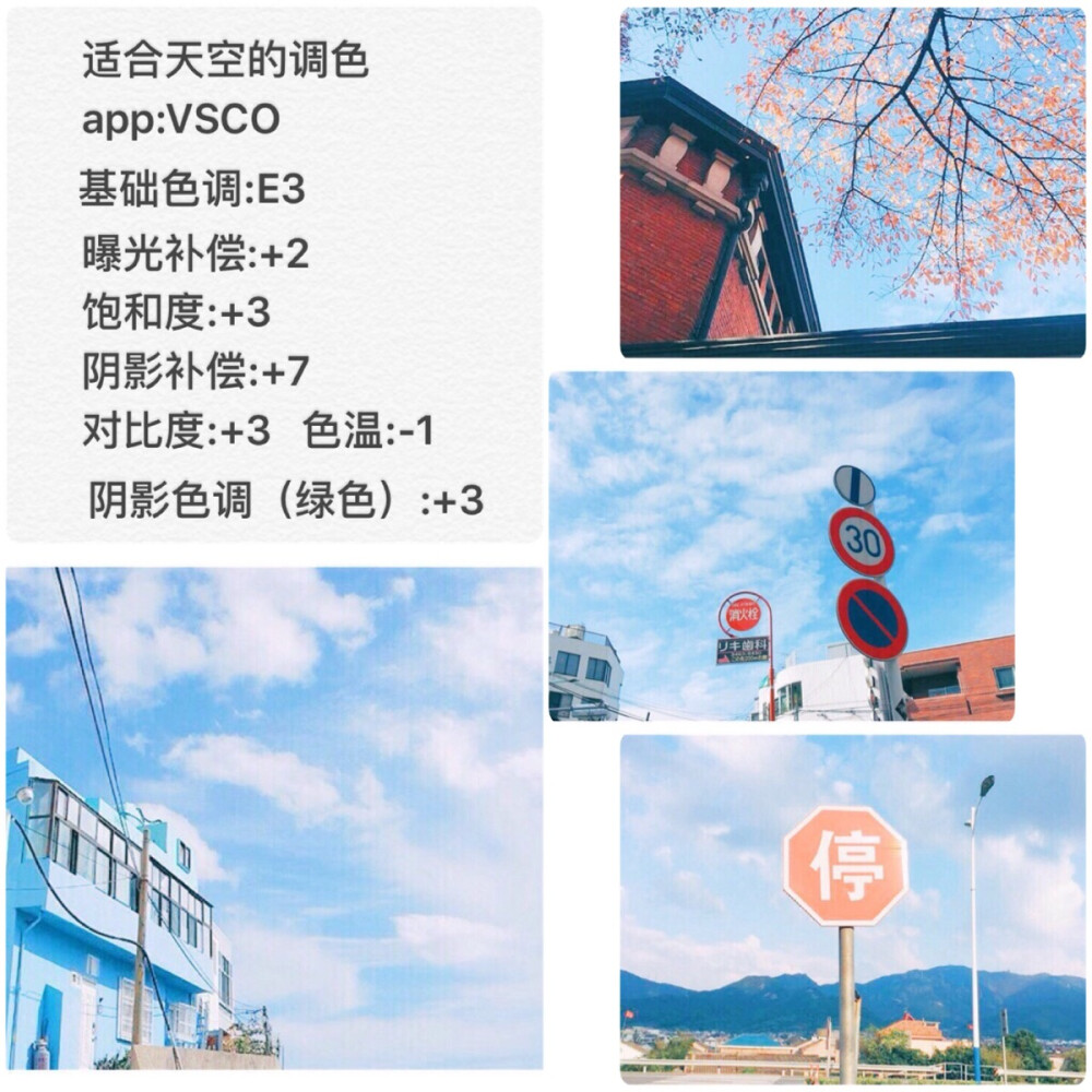 適合天空調色 軟件：VSCO 選擇濾鏡:E3 曝光補償:+2 飽和度:+3 陰影補償:+7 對比度:+3 溫度:-1 陰影色調（綠色）:+3