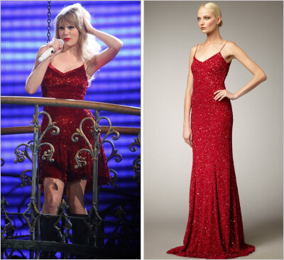 Event：Speak Now World Tour | Better Than Revenge Gown：Theia ‘Sequin Slip Gown’ - $1096.00 Worn with: Everybody boots Taylor在SpeakNow世界巡回演唱会上表演时穿的裙子。这条裙子被从晚礼服的长度裁剪到…