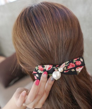 韩国9月现货 时尚彩色花朵印花蝴蝶结珍珠发夹顶夹发饰