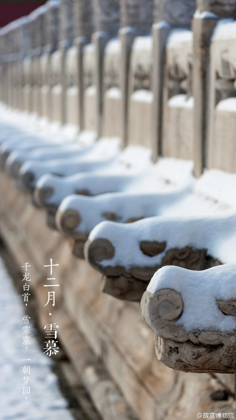 紫禁城【十二月•雪慕】风停雪驻，雾散云开。攒了一夜的雪，蓬松的一层，铺满一座城，映衬着朝阳的温暖和霁空的清冽。还未消融，已经开始期待和你再次重逢。照片文字取自@故宫博物院