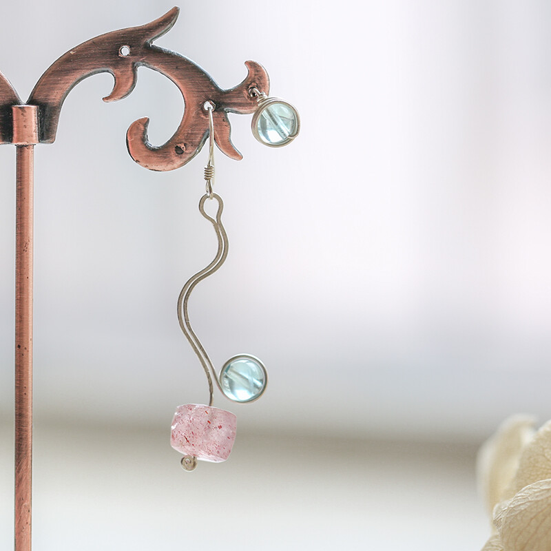原创设计手工饰品天然草莓晶方块蓝萤石纯银不对称耳环耳钉和耳夹