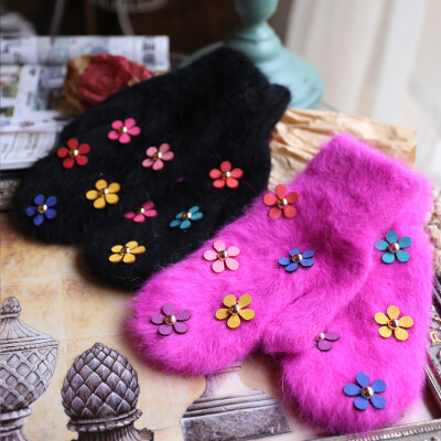 韩国彩色兔毛手套 冬季必备五叶花森女分指保暖冬季手套