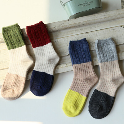 推荐。出口订单兔羊毛超柔软三色拼接复古麻花袜冬季保暖女袜