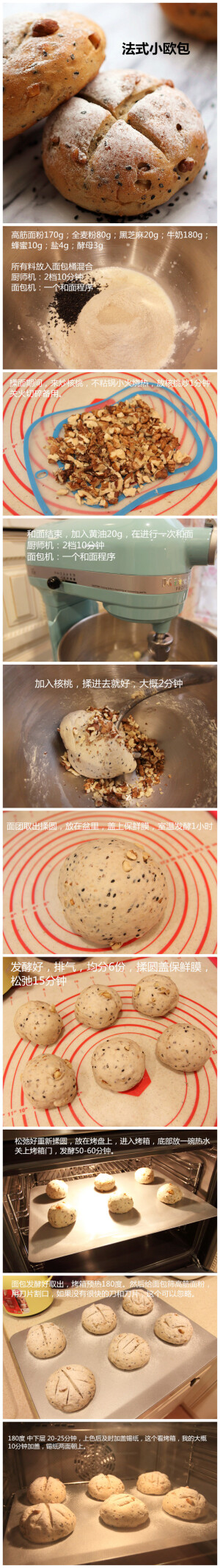 #法式小欧包#  越来喜欢有嚼劲的面包，加了满满的全麦黑芝麻核桃，单吃就很香， 牛奶代替水，蜂蜜代替糖，健康多一点。这个我建议烤出来，温热时一定要吃一个，外酥里软，特别赞。