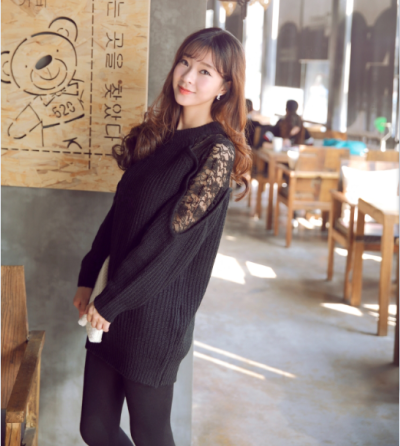 冬季女装 韩版甜美气质蕾丝拼接中长款宽松套头长袖毛衣