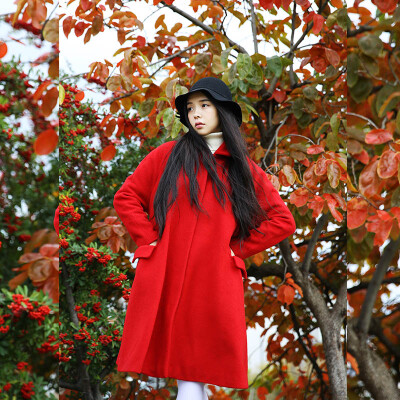  冬装廷外原创自制复古宽松红色大衣外套毛呢大衣