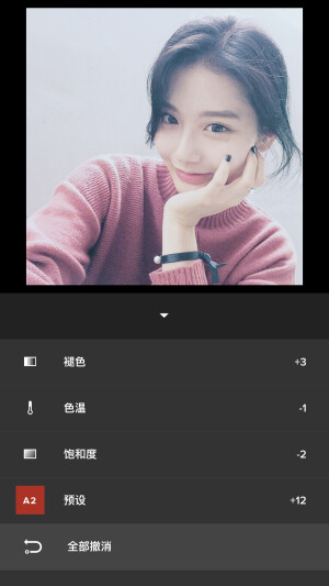 冷色调自拍调色  软件：VSCO     滤镜:A2+12    色温:-1   饱和度:-2      褪色:+3