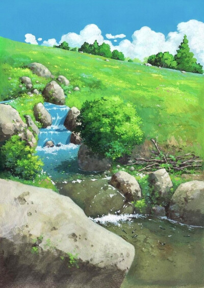 动漫背景，有青草，流水。。。多么诗情画意啊~by:x紫x喜欢就关注我吧