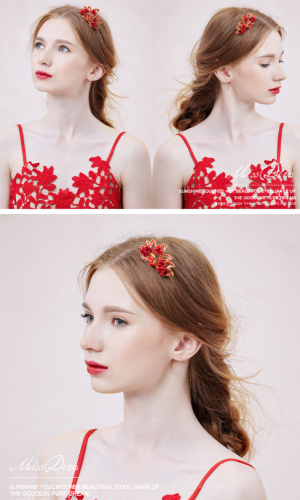 Miss Diva瑰簪。金属花闪钻头饰 民族风红色发梳发饰配饰品
