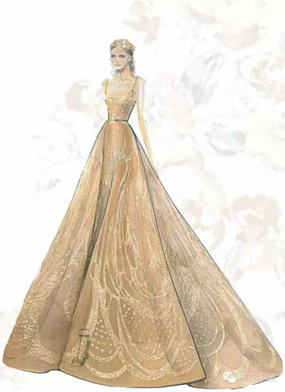 Elie Saab 2015 秋冬高定系列细节及手稿图辑。放眼色彩，极尽夺目的金色成为视觉冲击的主旋律，其间伴随着勃艮第红、珐琅绿与点缀的粉交织辉映，恰到好处的呼应以“Shades of Gold”为主题的灵感来源。