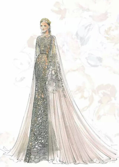 Elie Saab 2015 秋冬高定系列细节及手稿图辑。放眼色彩，极尽夺目的金色成为视觉冲击的主旋律，其间伴随着勃艮第红、珐琅绿与点缀的粉交织辉映，恰到好处的呼应以“Shades of Gold”为主题的灵感来源。