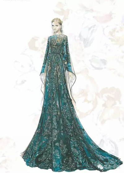 Elie Saab 2015 秋冬高定系列细节及手稿图辑。放眼色彩，极尽夺目的金色成为视觉冲击的主旋律，其间伴随着勃艮第红、珐琅绿与点缀的粉交织辉映，恰到好处的呼应以“Shades of Gold”为主题的灵感来源。