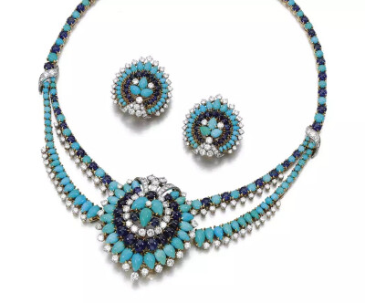 70年代制于巴黎 蓝松石蓝宝石钻石套装
