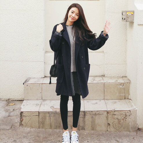 韩国冬装女装毛呢大衣学院风复古双排扣中长款翻领呢外套