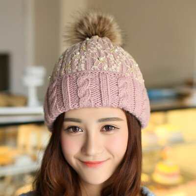 冬季帽子女冬天韩版可爱毛线帽秋冬加绒蕾丝珍珠针织帽保暖护耳帽