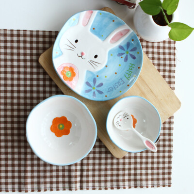 Homee纯手绘动物碗组合装卡通动物盘勺米饭碗甜品碗日式创意陶器