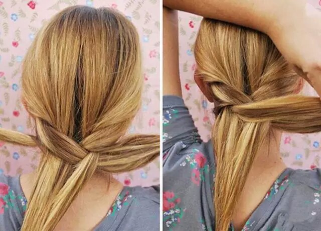 步骤五：从最左边取一股发束，把这一小撮发束放在最右边发束的上面（如图所示）。