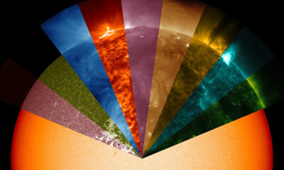 不同波段的太阳光，犹如一道绚丽的彩虹，由太阳动力学天文台拍摄。例如，5800埃的黄光描绘太阳表面，代表5700摄氏度的物质的放射物。绿光为94埃，表示63万摄氏度的原子发出的极端紫外线光，最适合观察温度极高的太阳…