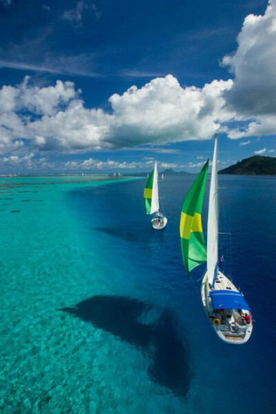 【法属波利尼西亚 赖阿特亚岛海滩】水清得让船看上去犹如在空中漂浮