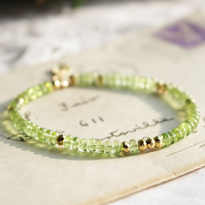 『清溪』原创设计手工天然橄榄石花朵美国进口14K包金日系手链
